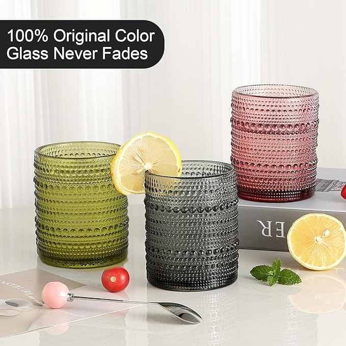 Colored Hobnail Drinking Glasses Set of 6,12oz Vintage Kitchen Glassware,Embossed Beaded Glass Cups,Water Tumbler for Cocktail,Juice and Various Mixed Drinks