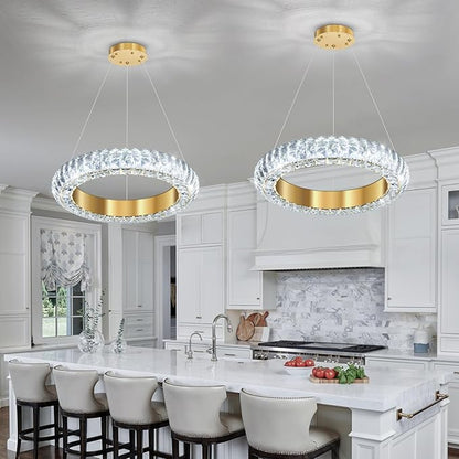 16" Ring Modern LED Dimmable Crystal Chandelier Adjustable Height Pendant Light Round Crystal Chandelier Light Fixtures for Dining Room Living Room Kitchen Island Gold