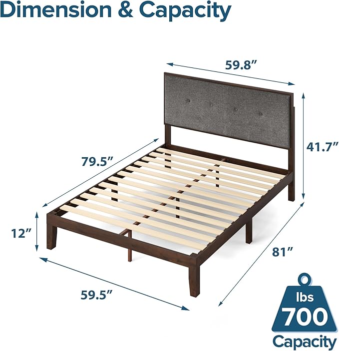 ZINUS Moiz Wood Platform Bed Frame with Adjustable Upholstered Headboard, Solid Wood Bed, Wood Slat Support, No Box Spring Needed, Easy Assembly, Queen