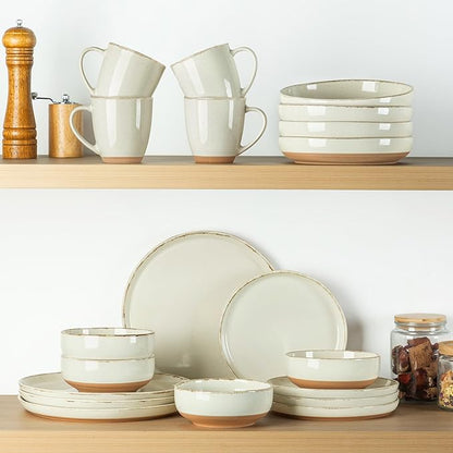 AmorArc 32 Pieces Ceramic Dinnerware Sets for 8, Handpainted Plates and Bowls Set with Rustic Terracotta Underside, Scratch Resistant Stoneware Dishes Set, Dishwasher & Microwave Safe, Light Beige