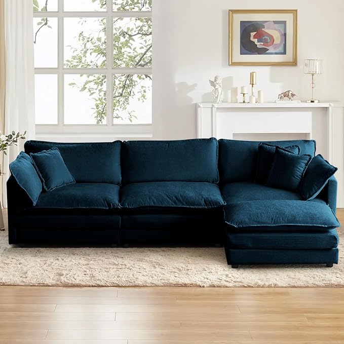SoarFlash Chenille Sectional Sofa, Comfy L Shaped Modular Coush Sofa with Ottoman, Modern 3 Seat Couch Deep Seat Sofa Set for Living Room,Deep Blue