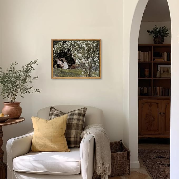 KBKBART Framed Vintage Canvas Wall Art, Retro French Country Garden Women Flower Classical Painting Bedroom Art Print, Rustic Vintage Wall Decor for Bathroom, Living Room, Office(9"x11")