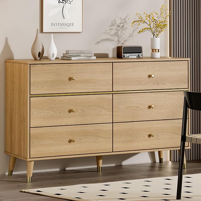 6 Drawer 47" Wide Mid Century Modern Chest of Drawers, Woody