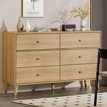 6 Drawer 47" Wide Mid Century Modern Chest of Drawers, Woody