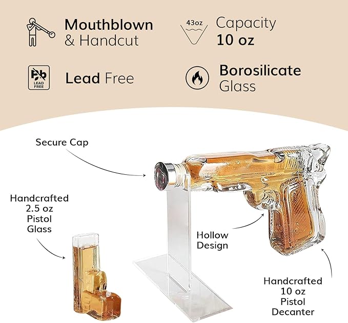 Pistol Whiskey Decanter Set & 6 Pistol Glasses - Unique Whiskey Set for Home Bar, Bourbon Gifts for Men, Birthday Gift for Dad, Liquor Dispenser, Personalized Gifts for Men - Carrying Case Included