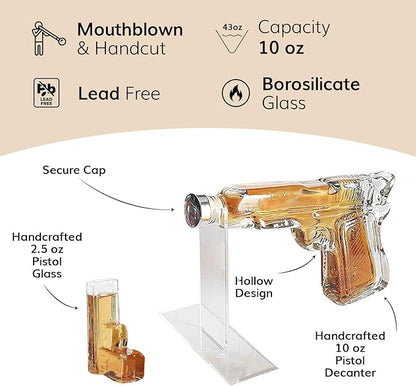 Pistol Whiskey Decanter Set & 6 Pistol Glasses - Unique Whiskey Set for Home Bar, Bourbon Gifts for Men, Birthday Gift for Dad, Liquor Dispenser, Personalized Gifts for Men - Carrying Case Included