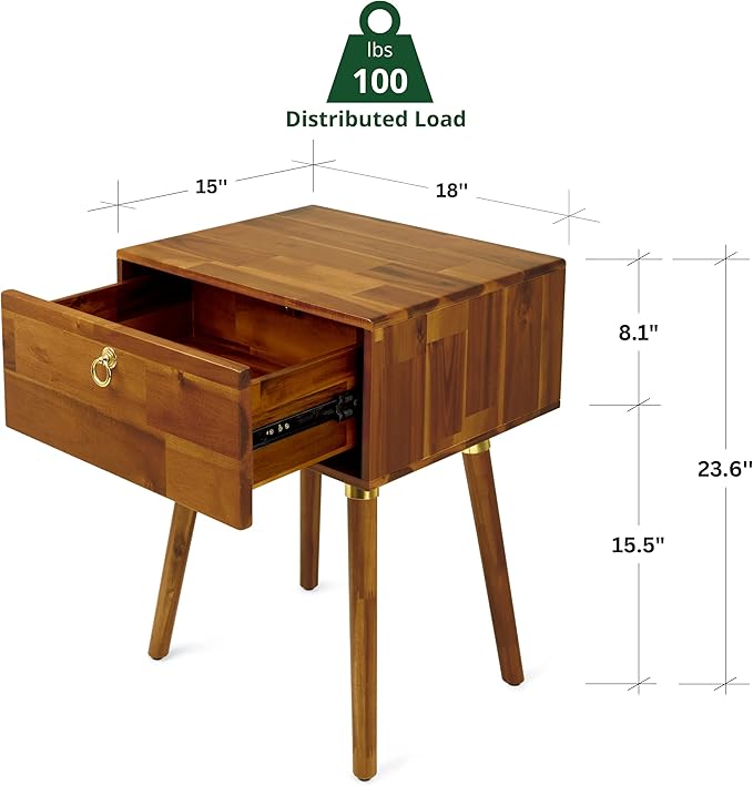 Bme Alden Solid Wood Bedside Table End Table with 1 Drawer for Mid Century Bedroom and Living Room, Caramel