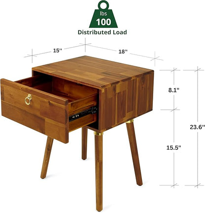 Bme Alden Solid Wood Bedside Table End Table with 1 Drawer for Mid Century Bedroom and Living Room, Caramel