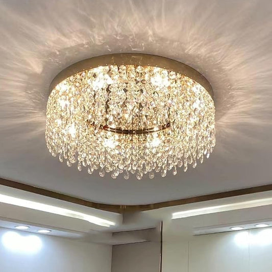 Modern Gold Crystal Ceiling Light Chandelier 31.5in Raindrop Crystal Chandelier Large Flush Mount Light Fixtures for Living Room Dining Room Bedroom