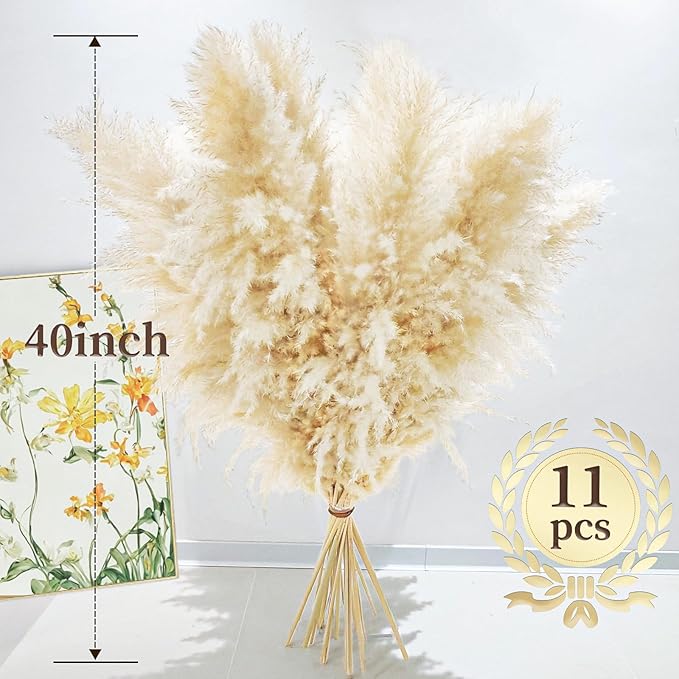 40" 11 PCS Dried Pampas Grass Decor Tall,Large Natural Beige pompas Grass,Tall Pampas Grass for Floor Vase,Wedding Decoration,Party,Farmhouse,Boho Home Decor,and Creating a Bohemian Ambiance