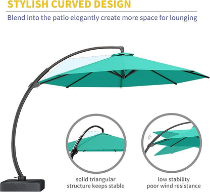 Kingdura 12ft Offset Cantilever Patio Umbrella with Base Included, Large Round Aluminum Outdoor Umbrella, 360° Rotation & Infinite Tilt, Heavy Duty Frame for Deck Pool Backyard, Turquoise blue