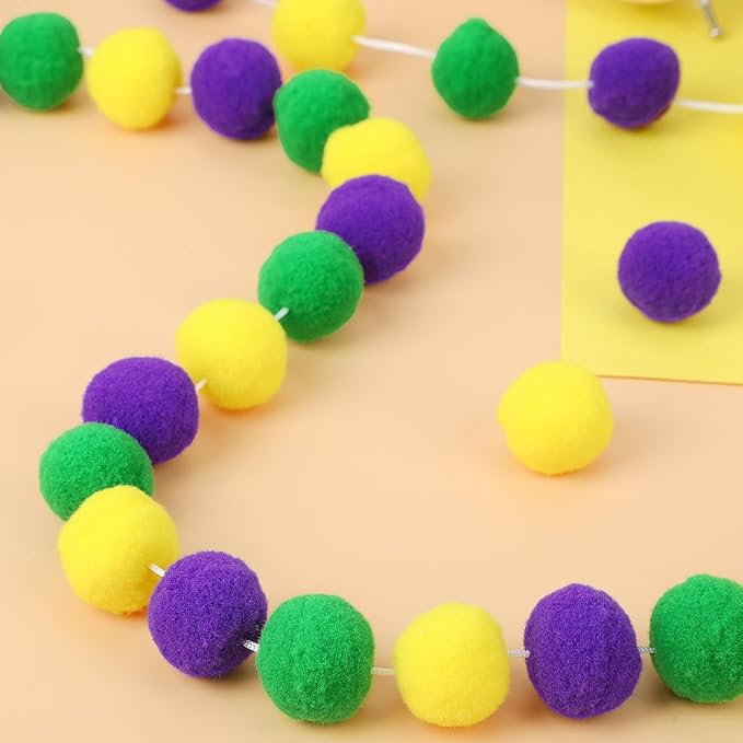 MARFOREVER 4 Pack 26.3 Feet Mardi Gras Decorations Mardi Gras Pom Pom Garland 30 Balls Yellow Green Purple Felt Garland Hanging Supplies for Mardi Gras Carnival Celebration Party Home Outdoor Decor