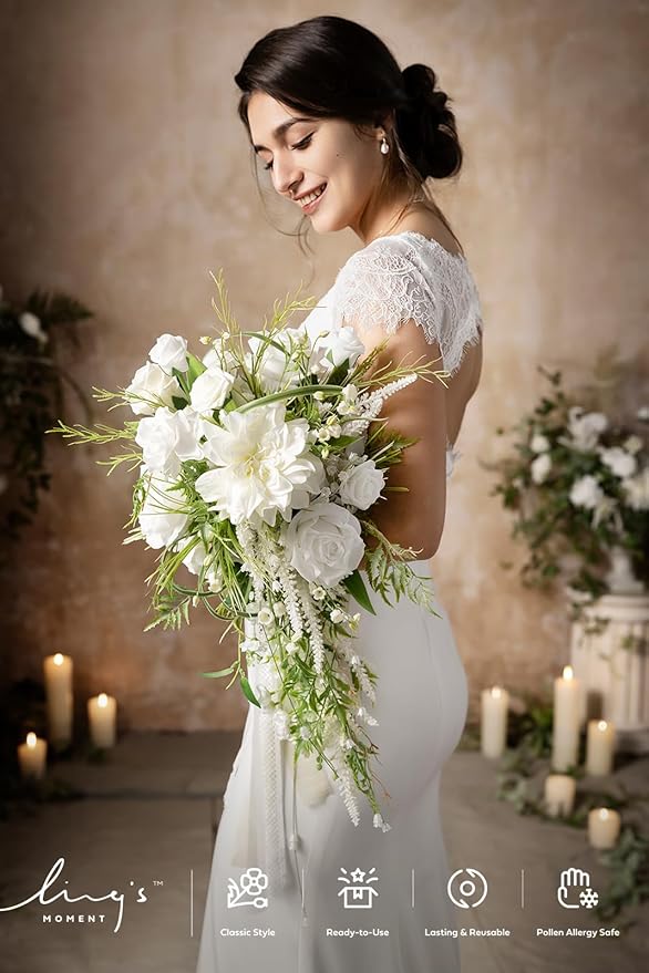 Ling's moment White Green Bridal Bouquet for Bride, White Green Wedding Bouquets for Bride, 13 Inch Bride Bouquets for Wedding Artificial Flowers Bouquets