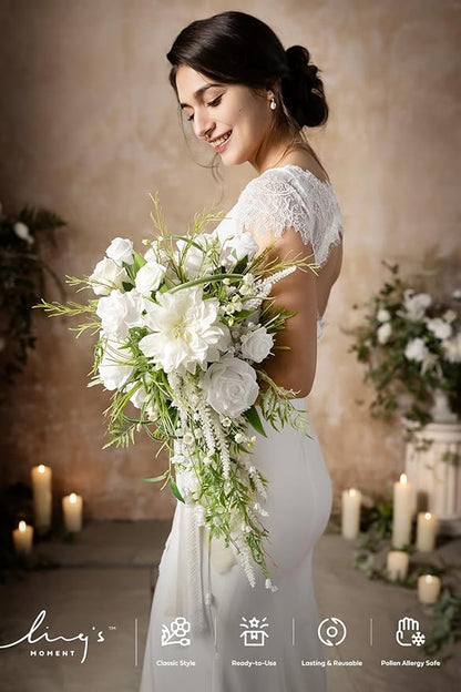 Ling's moment White Green Bridal Bouquet for Bride, White Green Wedding Bouquets for Bride, 13 Inch Bride Bouquets for Wedding Artificial Flowers Bouquets