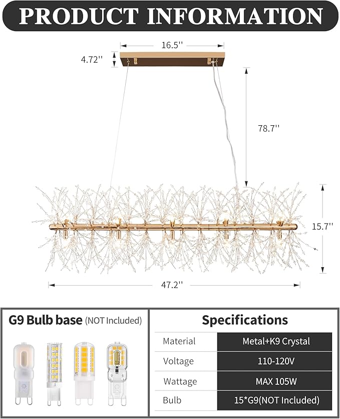 Modern 47.2" Modern Gold Crystal Firework Chandelier, 15-Light Pendant Light Fixture, Rectangle Linear Sputnik Dandelion Chandeliers for Dining Room Kitchen Living Room