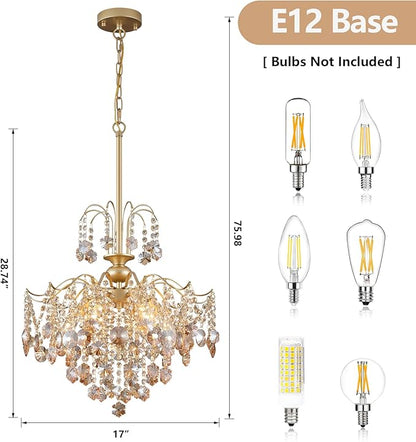 Q&S Modern Gold Crystal Chandelier Amber Crystal Pendant Light 6 Lights for Bedroom Dining Room Entryway Hallway Office Bathroom UL Listed