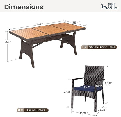 PHI VILLA Outdoor Dining Set for 8, Rectangular Wicker Table with Acacia Wood Top & Rattan Chairs with Cushions, 74” Large Modern Furniture Set for Patio, Deck, Backyard, Porch