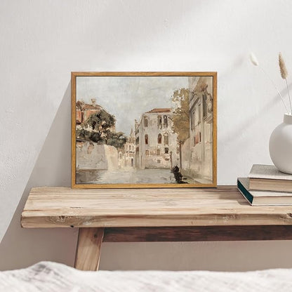 KBKBART Vintage Wall Art, Retro Neutral Italy Wall Art Framed Canvas Art Prints Venice Canva Painting Farmhouse Decor, Rustic Impressionism Scenic Landscape Wall Decor for Bathroom, Bedroom Living Room, Vintage Wall Decor(8"x10")