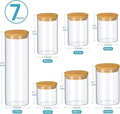 Vtopmart Glass Food Storage Jars, 7 Pack Kitchen Containers with Airtight Bamboo Wooden Lids for Pasta, Cookies, Nuts, Coffee Beans, Cereal, Canisters Set for Flour, Pantry Organization, BPA Free