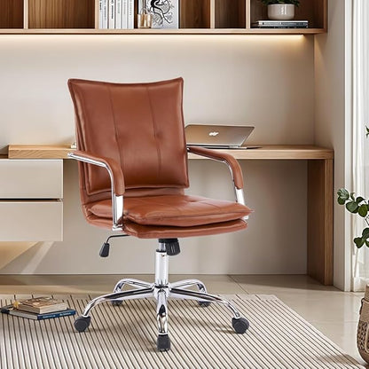 Mid-Back Ergonomic Leather Office Chair, Modern Upholstered Executive Desk Chair with Gold Frame Armrest Computer Task Chair (Caramel &Silver Legs)