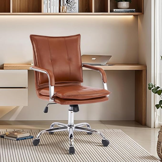 Mid-Back Ergonomic Leather Office Chair, Modern Upholstered Executive Desk Chair with Gold Frame Armrest Computer Task Chair (Caramel &Silver Legs)