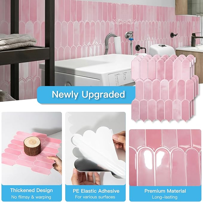 Art3d 12 x 12 Inch Heavy-Duty Peel and Stick Backsplash, Self-adhesive Wall Tiles for Kitchen Bathroom Decor, 10-Pack Pink