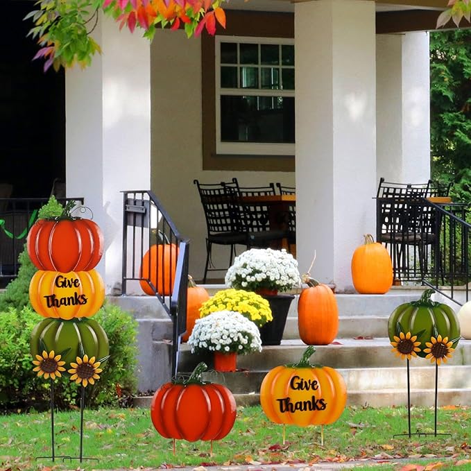 Pumpkin Yard Stakes Large 38.5" with Give Thanks Sign and Decorative Sunflowers, Fall Decorations for Home Outdoor Thanksgiving Decor and Fall Porch Decor