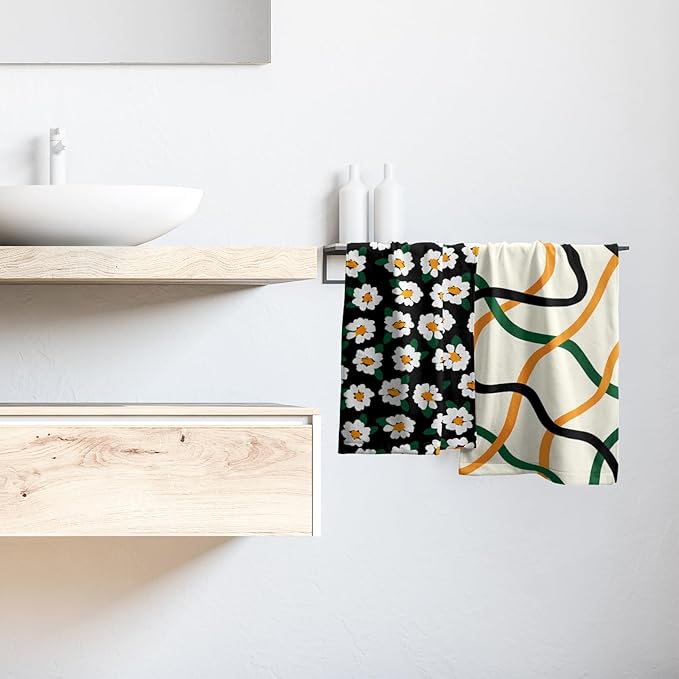 Modern Kitchen Towels Set of 2 Geometric Stripe Green Orange Microfiber