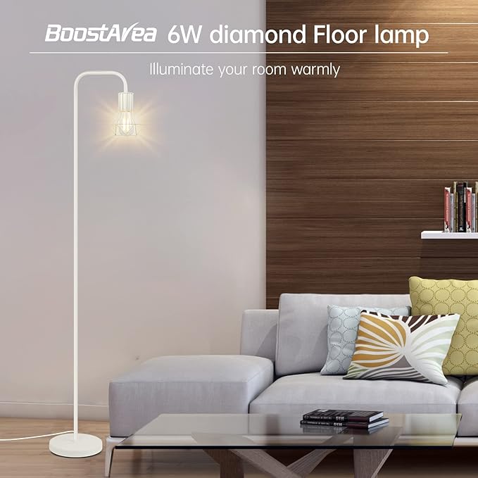 BoostArea White Floor Lamp, Industrial Floor Lamp, 6W Diamond Standing Lamp, E26 Socket, On/Off Footswitch, Whole Metal, Modern Small Simple Stand Up Lamp for Bedroom Living Room, Vintage, Mid Century