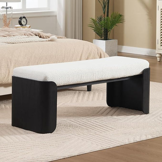 DUOMAY Modern Sherpa Bedroom Bench, 49" Wide Long Entryway Bench with Solid Wood Legs Upholstered Dining Bench Ottoman for Living Room Indoor, White