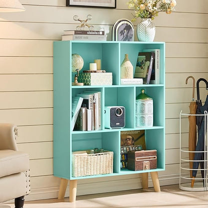 LEYAOYAO 7 Cube Bookshelf 3-Tier Bookcase with Legs, Mint-Green Kids Book Shelf Cute Storage Organizer, Toy Shelves Bookshelves,Wood Display Bookcases