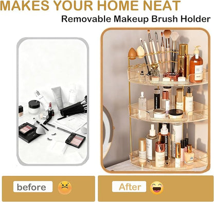 FELIZHOUSE 3-Tier Corner Bathroom Counter Organizer, Bathroom Countertop Shelf Makeup & Skincare Storage with Brush Holder for Vanity, Dresser, Kitchen - Amber