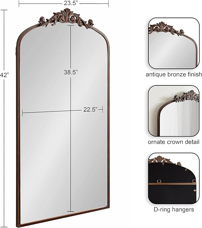 Kate and Laurel Arendahl Glam Arched Tall Panel Mirror; 24 x 42; Bronze; Traditional Baroque Large Body Wall Mirror with Ornate Garland Inspired Crown