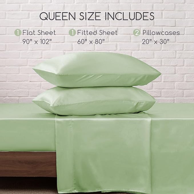 MR&HM Satin Bed Sheets with Elastic Corner Straps, Queen Size Sheets Set, 4 Pcs Silky Bedding Set with 15 Inches Deep Pocket for Mattress (Queen, Light Sage)
