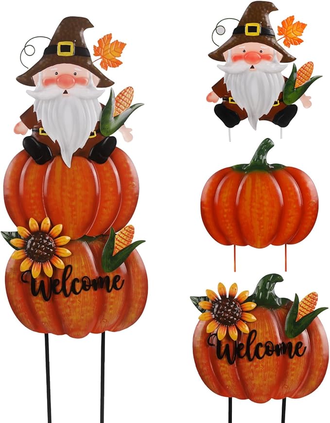 Fall Yard Stakes Large 39.3inch with Gnome and Sunflowers for Thanksgiving Decorations, Metal Pumpkins for Outdoors Garden Patio Harvest Decor