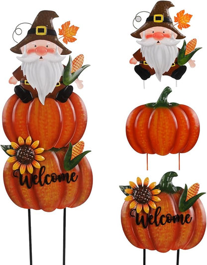 Fall Yard Stakes Large 39.3inch with Gnome and Sunflowers for Thanksgiving Decorations, Metal Pumpkins for Outdoors Garden Patio Harvest Decor