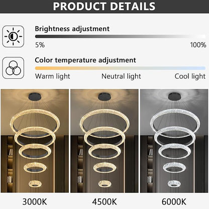 5 Ring Large Crystal Chandelier Modern LED Dimmable High Ceiling Chandelier Ring Contemporary Pendant Light Fixture for Living Room Foyer Staircase Gold D40''
