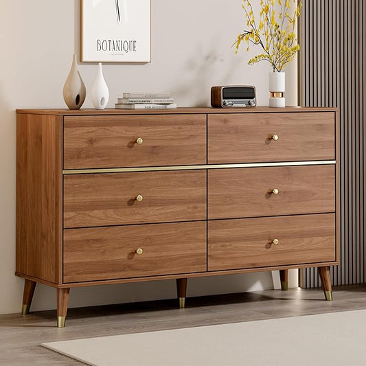6 Drawer 47" Wide Mid Century Wooden Chest of Drawers, Walnut