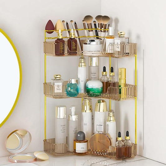 SUNZOS Corner Bathroom Counter Organizer, 3-Tier Countertop Perfume Tray Organizer with Makeup Brush Holder, Vanity Makeup Cosmetic Storage for Dresser