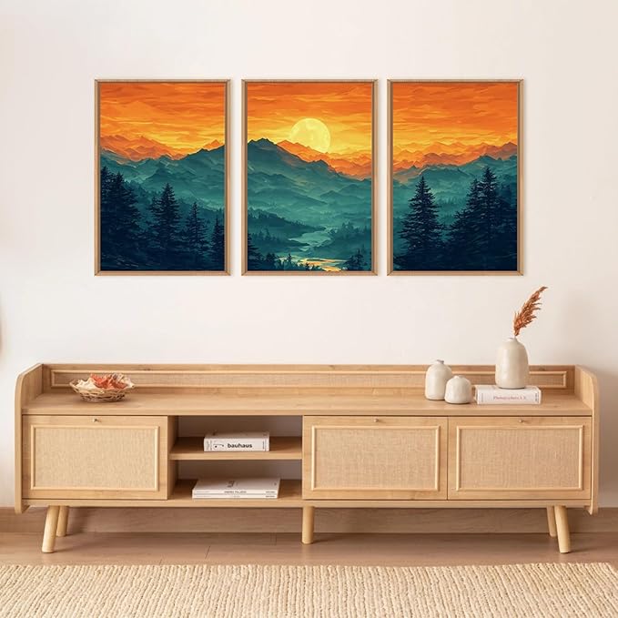 HOURIA Large Sunrise Mountain Forest Landscape Framed Canvas Wall Art Set,Orange Sky Green Ridge Wall Decor,Nature Pine Tree Artwork,Boho Watercolor Art Print for Living Room, Bedroom- 16"x24"x3