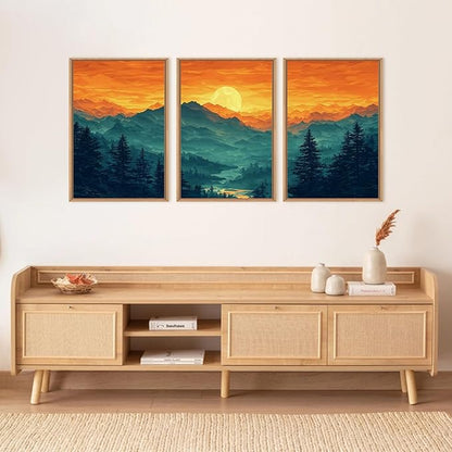 HOURIA Large Sunrise Mountain Forest Landscape Framed Canvas Wall Art Set,Orange Sky Green Ridge Wall Decor,Nature Pine Tree Artwork,Boho Watercolor Art Print for Living Room, Bedroom- 24"x36"x3