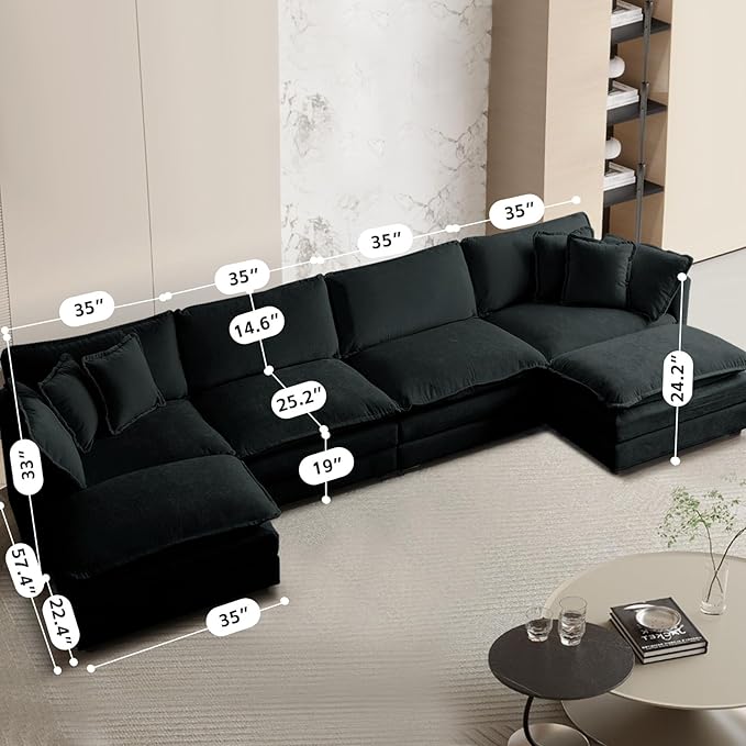 SoarFlash Chenille Sectional Sofa, Comfy L/U Shaped Modular Coush Sofa with Ottoman, Modern 4 Seat Couch Deep Seat Sofa Set for Living Room,Black