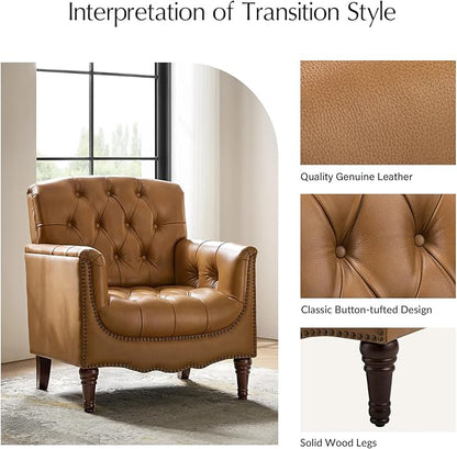 HULALA HOME Mid Century Modern Leather Club Chairs Set of 2, Top-Grain Genuine Leather Armchairs with Button-Tufted Back & Solid Wood Legs, Accent Chairs for Living Room/Bedroom/Home Office, Camel