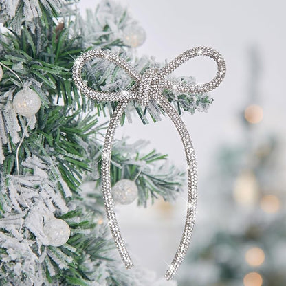 FLAIR GIFTS 6 Pcs 4.3" x 6" 2025 Christmas Bows for Tree Decor, Silver Sparkly Glitter Rhinestone Bow Ornaments with Twist Tie for Xmas Decoration, Wreath, Garland, Gift Wrapping