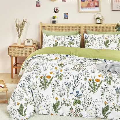 CLOTHKNOW Sage Green Comforter Set Twin/Twin XL Cotton Floral Botanical Bedding Sets White Green Flowers Bedding Comforter Soft 3Pcs Bedding Comforter Sets
