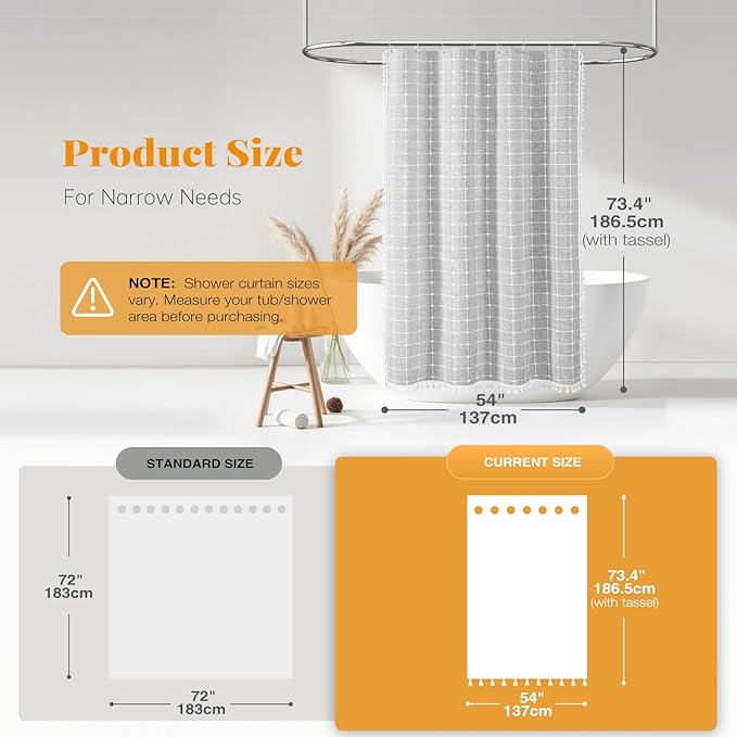 BTTN Stall Fabric Shower Curtain - 54x72 Inch Boho Linen Heavy Duty Tassel Cloth Shower Curtain Set with 10 Hooks, Narrow Rustic Modern Farmhouse Neutral Thick Shower Curtains for Bathroom - Grey/Gray