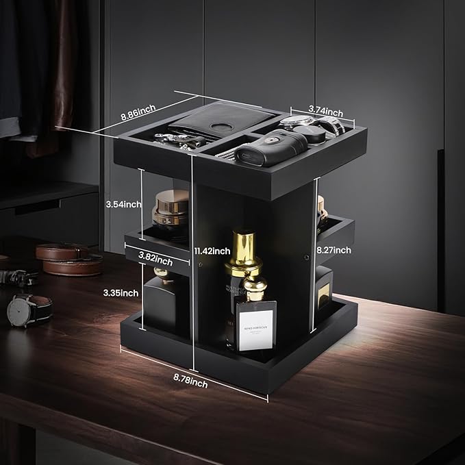EXIN DECHEN Cologne Organizer for Men,Cologne Stand,3 Tier Large Capacity Wood Perfume Shelf with Rotate,Desk & Nightstand Organizer,Mens Husband Birthday Gifts Ideas,Gifts for Men(Black)
