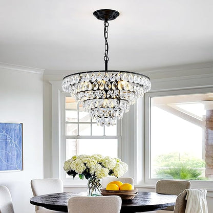 YYJLX Modern Crystal Chandelier 7 Light 20" Raindrop Black Ceiling Chandelier Adjustable Hanging Light Fixture for Dining Room Foyer Entryway Staircase Living Room