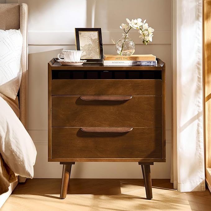 HULALA HOME 2 Drawer Nightstand with Charging Station, Mid-Century Modern Bedside Tables with Wood Legs, Wood Night Stand with Pull-Out Shelf, Walnut