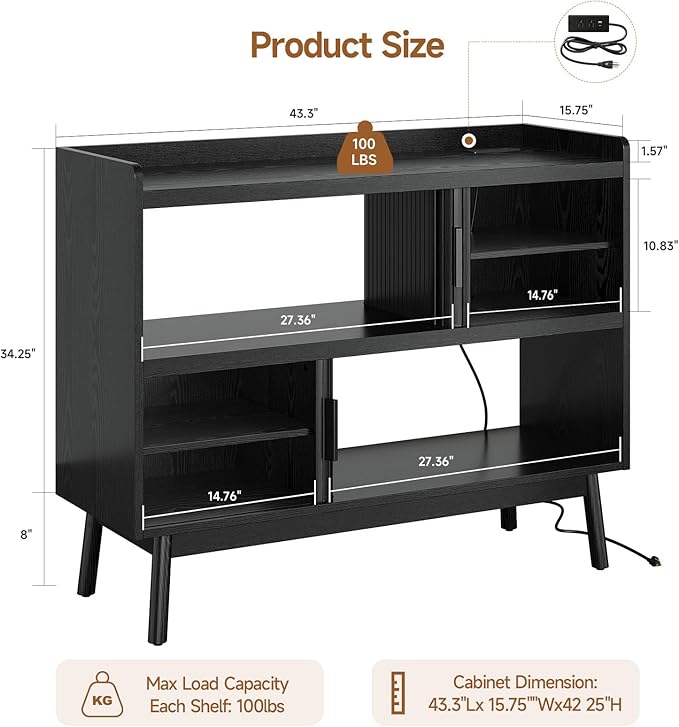 ONBRILL 44" Sideboard Buffet Cabinet with Outlet & 2 Open Storage Spaces, Fluted Sideboard Cabinet with Sliding Door & Adjustable Shelves, Mid-Century Accent Coffee Bar Console Table with Wooden Feet